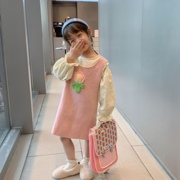 秋季女童中小童甜美娃娃，领衬衫毛衣花朵，背心连衣裙套装韩国潮
