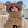 小熊帽子女冬季韩版围巾三件套冬天毛绒连帽一体保暖手套护耳围脖