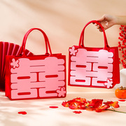 新中式双喜字新娘伴娘伴手礼手提袋毛毡包结婚盒喜糖袋粉色蝴蝶包