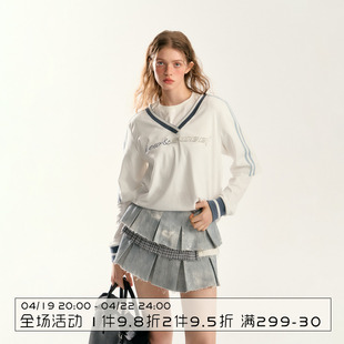ns76春学院风休闲宽松纯棉，设计感小个子，假两件棒球长袖t恤女