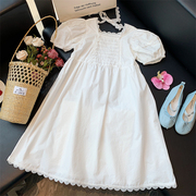 甜森酱韩国童装女童，白色连衣裙2024夏季刺绣棉布短袖公主裙