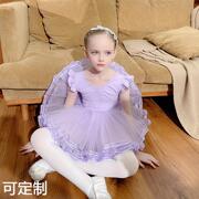 儿童舞蹈服棉练功服考级紫色分体套装夏季短袖开档芭蕾舞裙中国