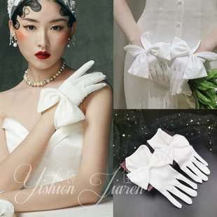 新娘手套结婚缎面大蝴蝶结，白色女拍照复古写真，韩式婚纱手套短款
