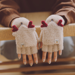 南极人翻盖露指手套女冬天萌可爱韩版卡通，半指学生保暖圣诞节手套