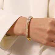 INS摩登百搭钛钢手镯18K镀金多层满钻珍珠手环潮流女式手饰
