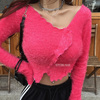 韩国gr386巨吸睛女人味，玫粉色木耳边毛绒，长袖针织衫iy