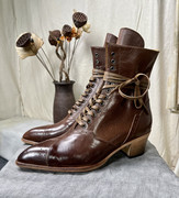 古董短靴mystique手工鞋，骑士风雕花，系带牛皮多色复古女靴vintage