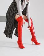 红色过膝靴子女秋冬长筒靴钢管舞，靴高跟9cm套筒皮靴大码44