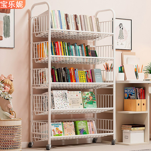 儿童书架铁艺绘本架宝宝收纳架一体家用简易书柜可移动置物架落地