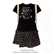 大码胖妹妹韩版可爱小熊印花短袖，t恤+黑色，碎花蛋糕半身裙减龄套装