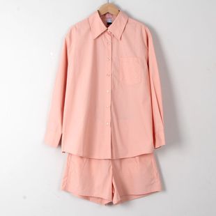 森系列品牌尾货女款2023秋季纯棉纯色长袖衬衫短裤休闲两件套