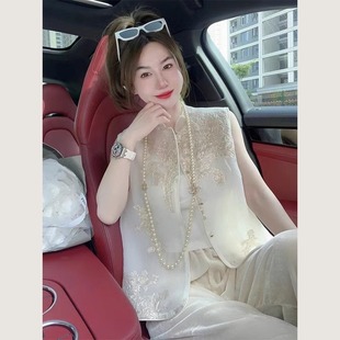 新中式国风女装禅意唐装上衣，2024米白色背心马甲两件套装夏装