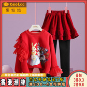 红色新年装女童套装，冬季女孩年服加绒卫衣，儿童加厚保暖裙裤两件套