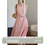 88折 粉色木耳边背心连衣裙女夏法式复古系带收腰中长裙