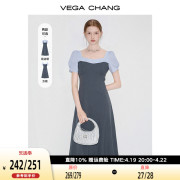 VEGA CHANG短袖连衣裙女2024年夏季假两件方领学院风拼接长裙