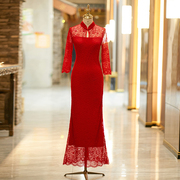 外嫁女回娘家的旗袍大红色2023鱼尾回门宴礼服礼仪服装蕾丝裙