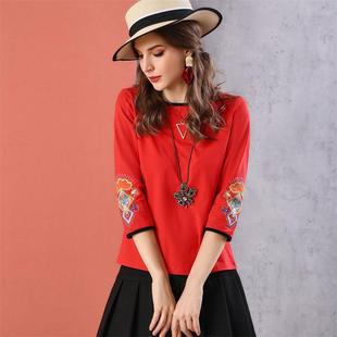 七分袖t恤欧美薄款摩登中国红绣花棉，女士秋季设计感修身上衣