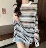 大码条纹针织防晒罩衫女夏季薄款胖mm显瘦宽松中长款冰丝长袖上衣