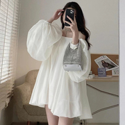 韩国chic春季法式温柔一字，领露肩设计宽松休闲灯笼袖小个子连衣裙