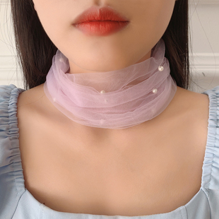 钉珍珠仙女糖果色网纱纱巾夏季防晒护颈丝巾透气装饰套头围脖