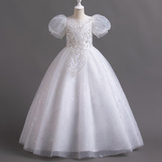 长款花童礼服公主裙儿童白色婚纱裙女童短袖连衣裙长裙大童演出服