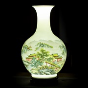 景德镇陶瓷器山水画粉彩花瓶，现代中式家居，客厅插花装饰工艺品摆件