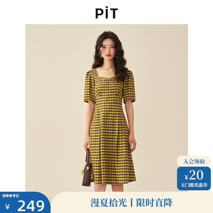 PIT复古法式设计感纯棉格子连衣裙女2024秋季新款方领泡泡袖裙子