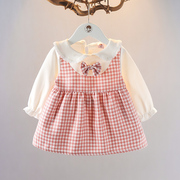 春季女童格子裙衫洋气春装，1-2-3岁女孩假两件婴儿春天衣服新潮