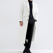 韩国直邮冬季男士加厚修身长款外套大衣过膝毛呢风衣纯色羊毛白色