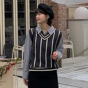 韩国特大码女装胖mm冬装竖条纹时尚针织马夹1225