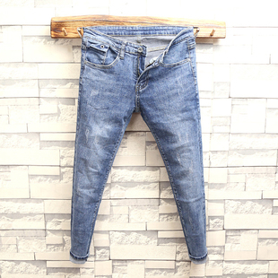 春款韩版做旧浅蓝修身九分牛仔裤，男个性口袋，设计磨白小脚裤