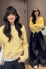 韩系2024假两件针织衫，春秋季长袖软糯黄色毛衣，开衫外套上衣女