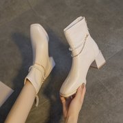 法式白色高跟气质短靴，女春秋季单靴2023粗跟女靴子方头瘦瘦靴