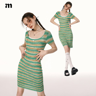 imone绿色条纹甜美短袖连衣裙女夏季高腰，显瘦中长款裙子