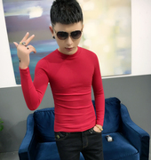 2023秋天男士半高领薄款打底衫韩版修身红色t恤个性，上衣服体恤衫