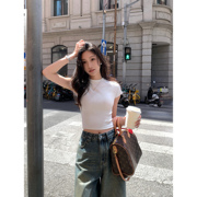 pusumede 白色针织短袖t恤女夏季正肩修身高腰露脐短款休闲上衣