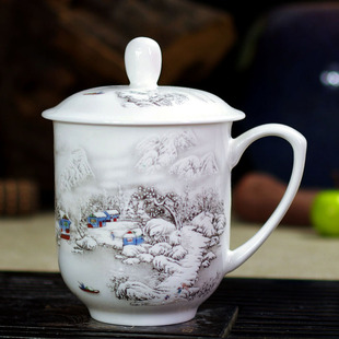 景德镇青花骨瓷杯子会议，陶瓷茶杯带把手，盖子办公室定制水杯印logo