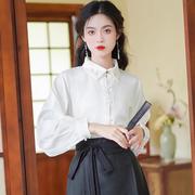 新中式翻领汉服衬衫女秋气质刺绣国风，上衣配马面，裙的衬衣白色长袖