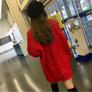 韩版圆领慵懒大红色冬季毛衣女(毛衣女)套头宽松中长款加厚学生外套