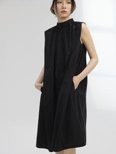 piecebypiece简约高级感纯棉，侧边口袋裙子夏无袖，宽松黑色连衣裙