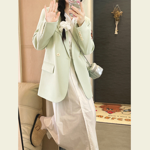 西装外套女春秋季韩版高级感宽松休闲茶绿色小个子西服上衣