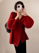 红色毛衣女春秋高级感超好看2024针织开衫外套上衣搭配半身裙
