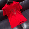 潮牌男士丝光棉字母v刺绣t恤夏季中国风红色修身半袖个性男装体恤