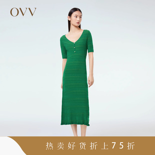 OVV2023春夏女装V领H型包臀修身时髦荷叶边短袖针织连衣裙