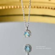 s999足银蓝锆石项链，女轻奢高级锁骨，链法式方形设计感颈饰