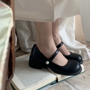 法式圆头复古玛丽珍jk单鞋，百搭中古珍珠，扣浅口高跟鞋粗跟女鞋