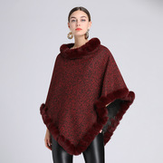 knittedcape欧美女装加绒仿獭兔毛领披肩斗篷，宽松针织套头衫