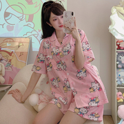 可爱hellokitty纯棉夏季薄款粉色睡衣，少女休闲开衫家居服套装