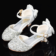 女童公主鞋子礼服银色表演水晶鞋夏季儿童高跟鞋模特走秀演出皮鞋