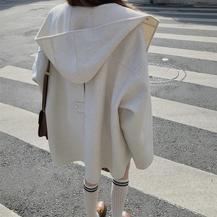 韩版秋冬双面羊绒，大衣女中长款连帽宽松小个子，高端加厚羊毛呢外套